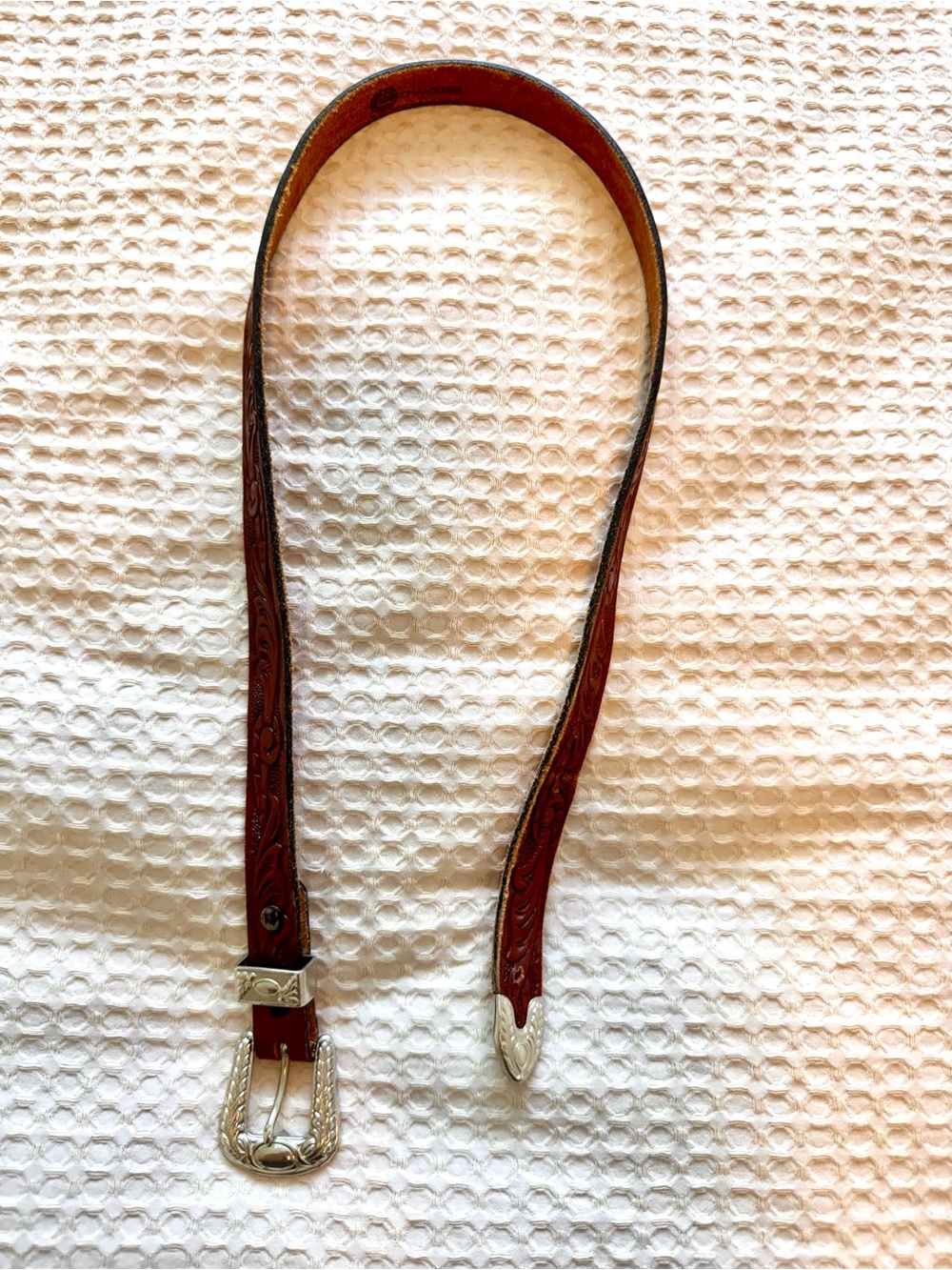 Vintage Brown Tooled Leather Belt with Silver Buckle